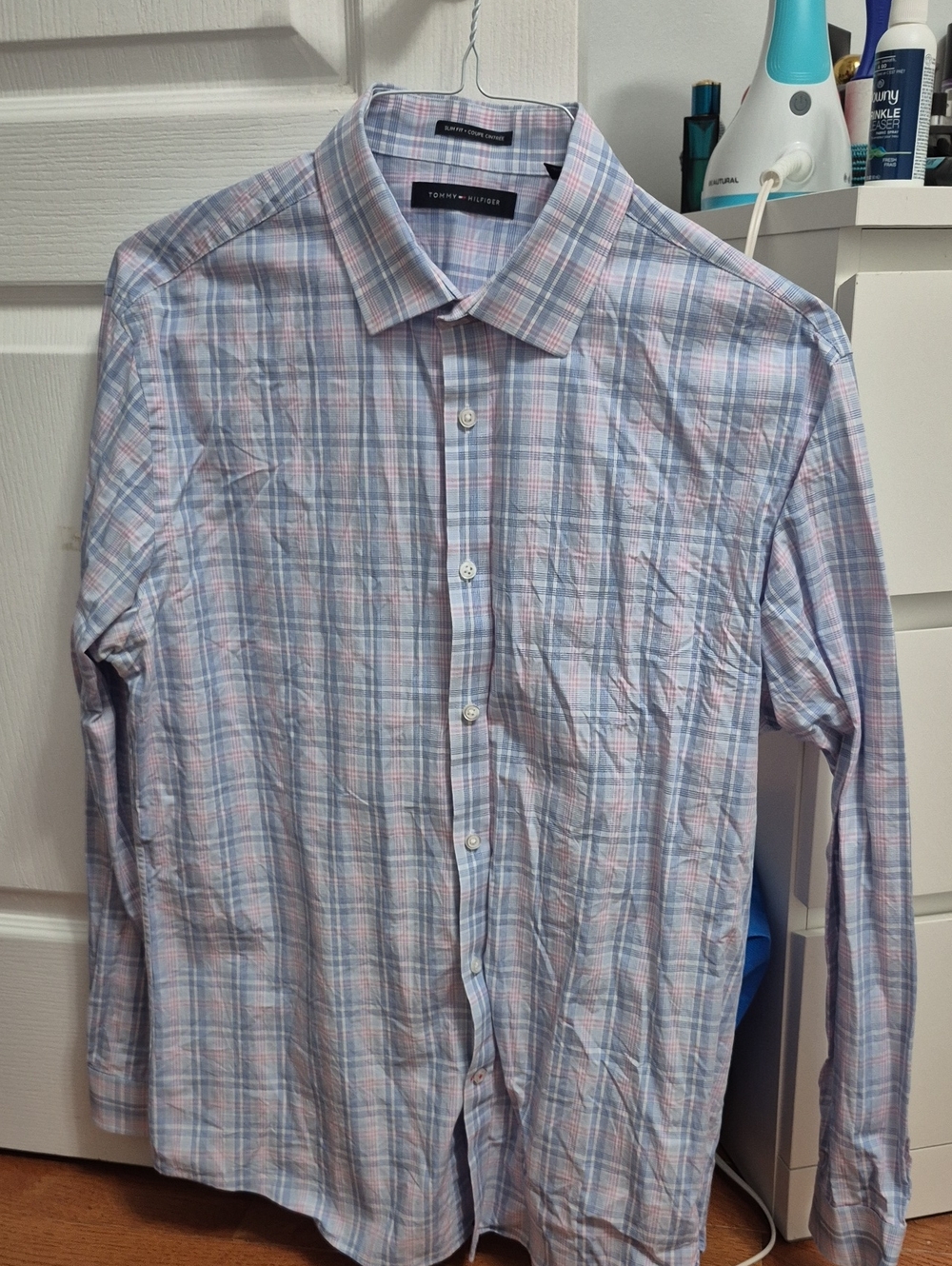 Tommy Hilfiger Men's Blue and Pink Plaid Dress Shirt
